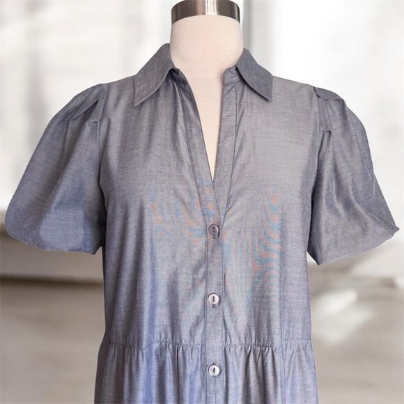 Brochu Walker The Havana Puff Sleeve Tiered Midi Dress In Washed Slate Sz M - Picture 4 of 11